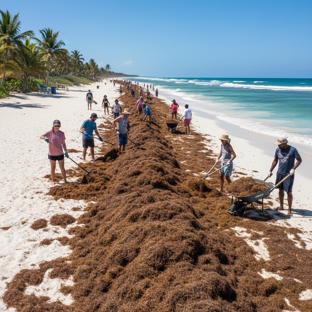 A large group of volunteers uses rakes and wheelbarrows to clear a massive pile of seaweed from a tropical beach.