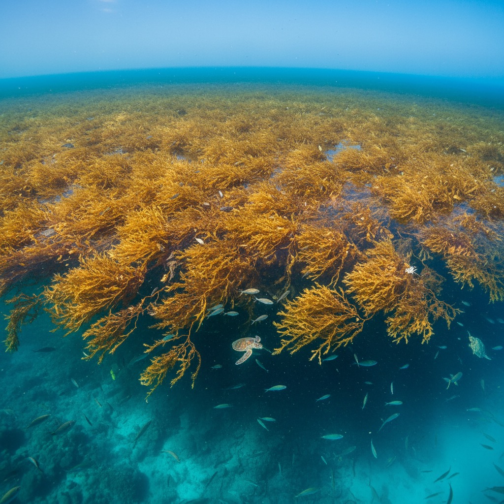 A sea turtle swims beneath a large, floating patch of golden sargassum seaweed in clear blue ocean water.